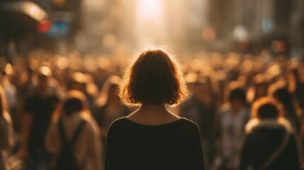 Back View of a Woman in a Crowded City Street at Sunset