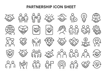 Partnership Icon Set: A comprehensive collection of stylized icons representing collaboration, agreement, and unity, perfect for illustrating business relationships and cooperative ventures.