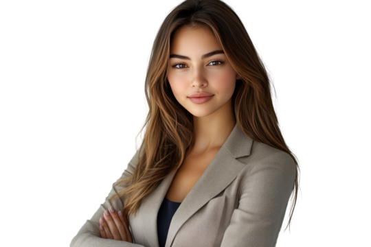 Portrait of a young woman with long brown hair, wearing a beige blazer, arms crossed, confident expression. background removed