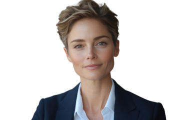 Portrait of a woman with short, wavy blonde hair wearing a navy blue blazer. background removed
