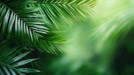 This vibrant image captures lush green palm leaves against a soft, blurred background of nature, evoking a strong feeling of tranquility and tropical beauty.