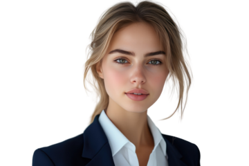 Portrait of a young woman with blonde hair, wearing a navy blue blazer and white shirt. background removed