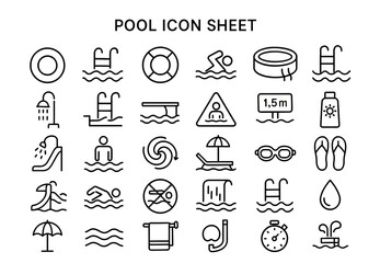 Pool Icon Sheet: A collection of meticulously crafted, minimalist line icons representing various aspects of a swimming pool and associated recreational activities.