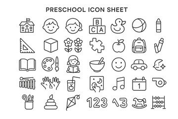 Whimsical Preschool Icon Sheet: A collection of charming line art icons representing various aspects of preschool education, designed for educational materials and projects.