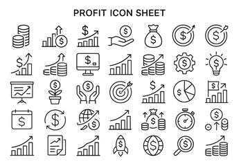 Profit Icon Sheet: A comprehensive icon sheet illustrating various concepts of financial growth, including stacks of coins, rising graphs, and money bags, representing profit, success.