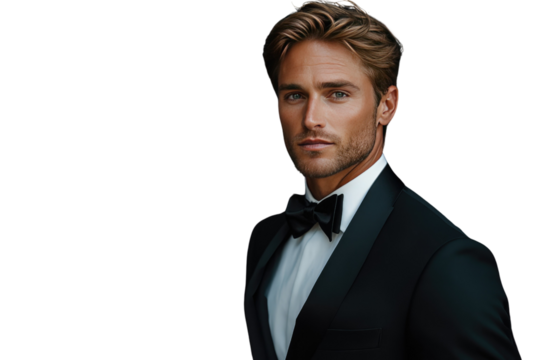 Portrait of a handsome man in a tuxedo, looking directly at the camera. background removed