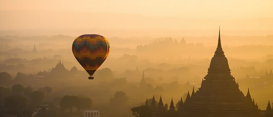 Panoramic view of a hot air balloon flying above the ancient temples of bagan at golden hour in myanmar