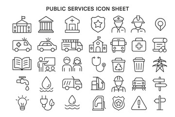Public Services Icon Sheet: A comprehensive collection of public service icons, neatly arranged to symbolize various essential community resources and utilities for easy understanding.