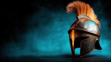 Naklejka premium An ancient gladiator helmet, intricately designed with a plume, reflecting the valor and history of classic battles, invoking themes of bravery and historical significance.