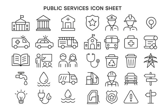 Public Services Icon Sheet: A comprehensive collection of public service icons, neatly arranged to symbolize various essential community resources and utilities for easy understanding.