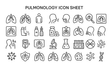 Pulmonology Icon Sheet: A comprehensive collection of line icons related to pulmonology, respiratory health, and lung conditions.