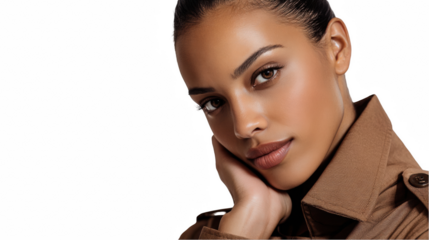 Studio portrait of a young, fashionable woman with olive skin and dark hair, wearing a stylish brown outfit, gently touching her cheek with her hand, against a transparent background