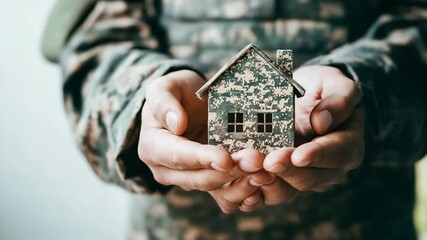 Army soldier hands in camouflage uniform holding small house. Military mortgage for armed forces, home loan, real estate for veteran concept