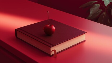 3d rendering of a red book with a single red apple on top of it. the book is placed on a red surface with a plant on the right side of the image.
