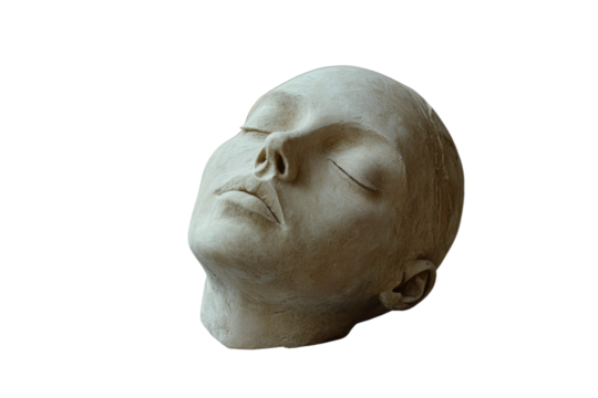 Serene clay sculpture of a face, eyes closed, head tilted back, evokes peace. background removed - Powered by Adobe