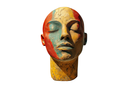 A painted head sculpture with eyes closed, evoking peace and artistic expression. background removed
