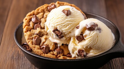 This mouth-watering image features a warm chocolate chip cookie topped with ice cream, inviting indulgence and comfort, perfect for desserts and culinary delight.