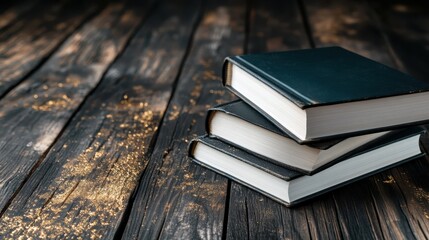 Stacked together, three black books resting on a dark wooden table evoke a sense of knowledge, elegance, and intrigue, perfect for readers and academics alike.
