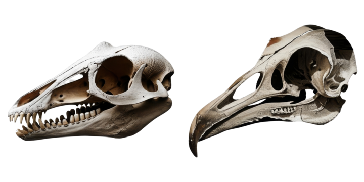 PNG Two avian skulls are displayed on a transparent background.