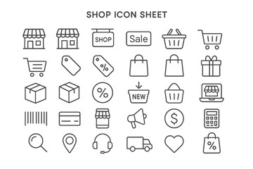 E-commerce and Retail Icons: A comprehensive collection of line art icons represents various aspects of online shopping and retail, perfect for e-commerce platforms. 