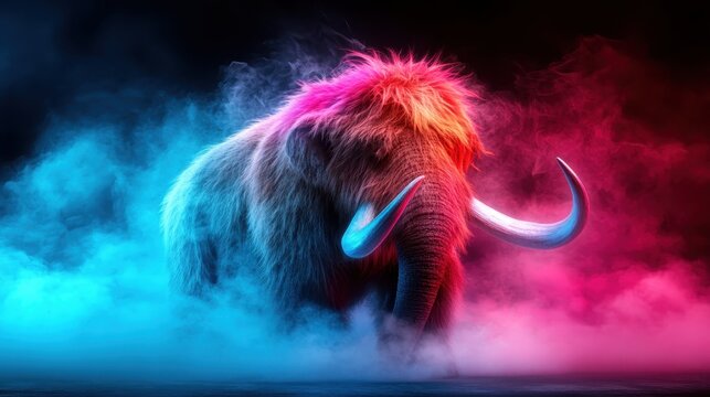 A striking mammoth bathed in vibrant colors emerges from swirling smoke, symbolizing a blend of history and imagination, evoking feelings of nostalgia and wonder about prehistoric life.