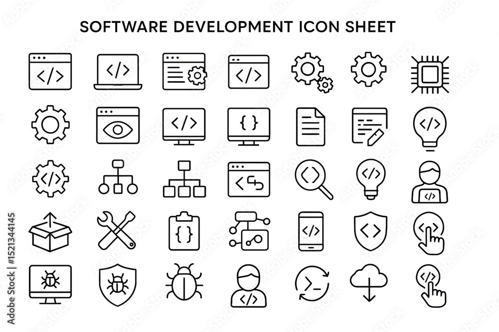 Poster software development icon sheet: a comprehensive array of vector icons, meticulously designed to rep