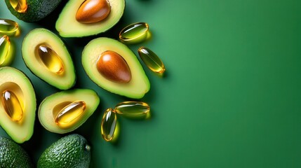 This aesthetic presentation features freshly halved avocados alongside soft gel supplements, illustrating the harmony between healthy eating and well-being.