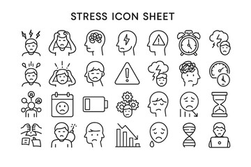 Stress Icon Sheet: A clean sheet with a lot of simple icons about various signs and sources of stress, presented in a clear and concise manner.
