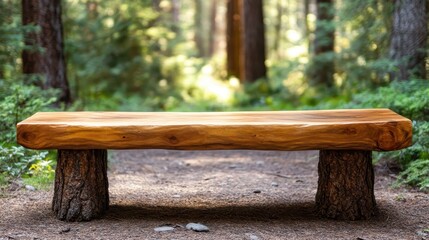 Naklejka premium A beautifully crafted wooden bench situated amidst tall trees, offering a serene spot for relaxation, contemplation, or enjoying nature in a tranquil forest environment.