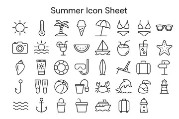 Summer Icon Sheet: An array of summery black line icons on a sheet evokes carefree days at the beach.
