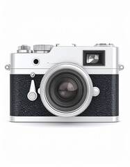 C&aacute;mara fotogr&aacute;fica anal&oacute;gica cl&aacute;sica de los ochentas, cuerpo met&aacute;lico con lente grande, fondo blanco