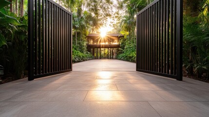 Open garden gates allow sunlight to filter through a lush landscape, creating an inviting and serene atmosphere that encourages exploration and tranquility.