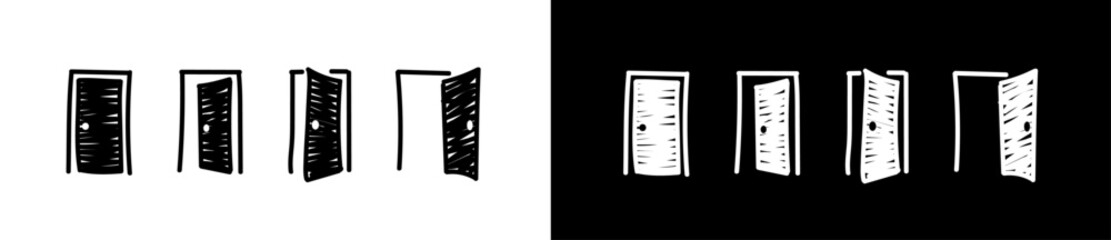 Doodle door icons set. Open, close and ajar door. Door illustration. Opened entrance door set