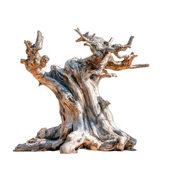 Ancient, gnarled, driftwood tree sculpture.  Detailed, weathered wood, branches spread wide.  Natural, organic forms