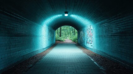 A captivating tunnel scene lit by a single light, leading to a peaceful area filled with vibrant green foliage, perfect for evoking feelings of exploration and serenity.