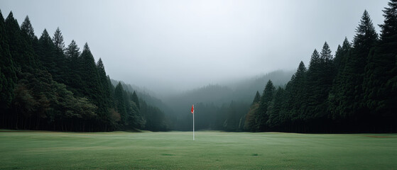 Serene golf course surrounded by tall pine trees and misty mountains creates peaceful and calm atmosphere on green course