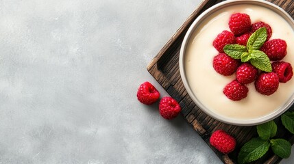 An indulgent creamy dessert topped with fresh raspberries and mint leaves, presenting a delightful combination of flavors and a visually appealing treat for sweet lovers.