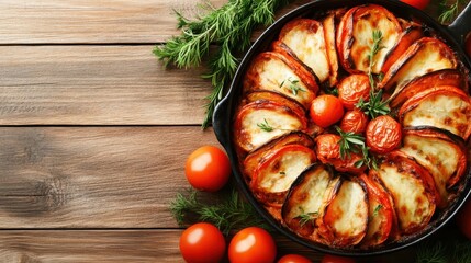 A vibrant vegetable dish featuring arranged slices of assorted vegetables topped with herbs, presenting an artistic and colorful interpretation of rustic cuisine.