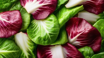 A vibrant assortment of fresh leafy greens, featuring bright red radicchio leaves and green napa cabbage, ideal for healthy salads and culinary inspirations.