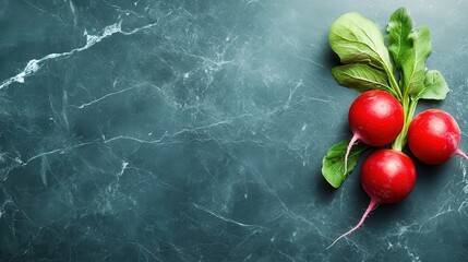 This image showcases three vibrant red radishes with leafy greens sitting on a dark, textured surface, highlighting their freshness and natural beauty for culinary presentations.