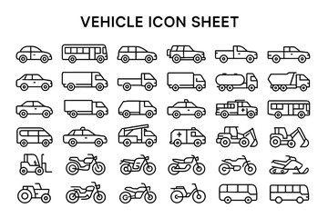 Vehicle Icon Sheet: A comprehensive and user-friendly sheet showcasing a diverse range of vehicle icons, designed for clear and impactful visual communication.
