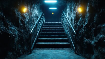 A dimly lit staircase leads up through a rocky passage, illuminated by soft ambient lights, creating an intriguing atmosphere of mystery and discovery in a subterranean setting.
