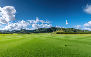 Bright golf course under blue sky with fluffy clouds and green hills in background creating peaceful outdoor scene