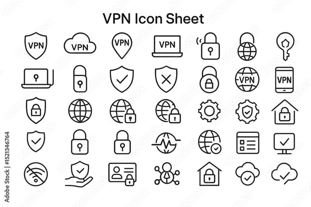 Poster vpn icon sheet: a versatile collection of detailed icons representing secure network connections and
