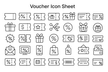 Voucher Icon Sheet: A comprehensive collection of voucher icons, ideal for web and print projects, representing various discount, gift, and promotion elements.