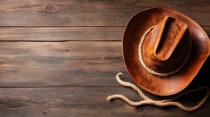 A beautifully crafted brown leather cowboy hat rests on a rustic wooden table, evoking a sense of adventure and timeless tradition in western culture.