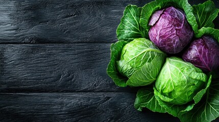 An arrangement of fresh green and purple cabbages on a dark wooden surface, capturing their natural beauty, vibrant colors, and organic textures in a visually pleasing way.