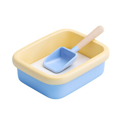A minimalistic 3D flat icon depicting a pastel yellow and blue litter box with an attached scooping tool designed for pet care and household organization