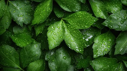 The image captures fresh green leaves glistening with water droplets, celebrating nature's beauty and the intricate details of life as reflected through water and green foliage.