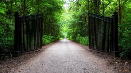 A serene image of open gates welcoming viewers into a lush green pathway, symbolizing new beginnings, adventures, and the beauty of nature, perfect for landscape photography.</description>